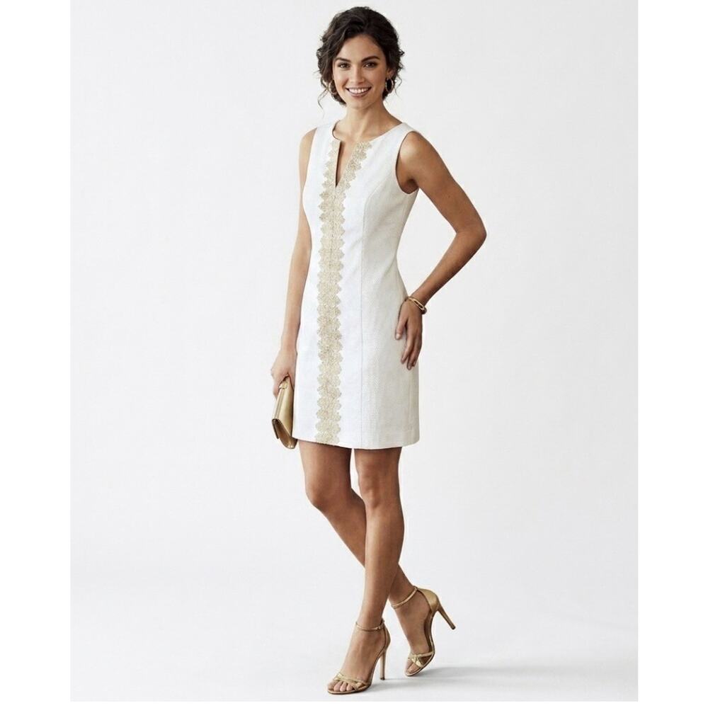 Pappagallo White Texture Shift Dress Gold Embroidery Sleeveless WeddingResort 10